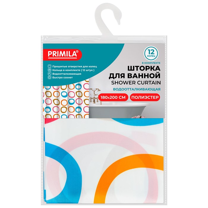 Шторка для ванной ПОЛИЭСТЕР, 180х200 см, кольца в комплекте, КРУГИ, PRIMILA (ПРИМИЛА), 700086 700086