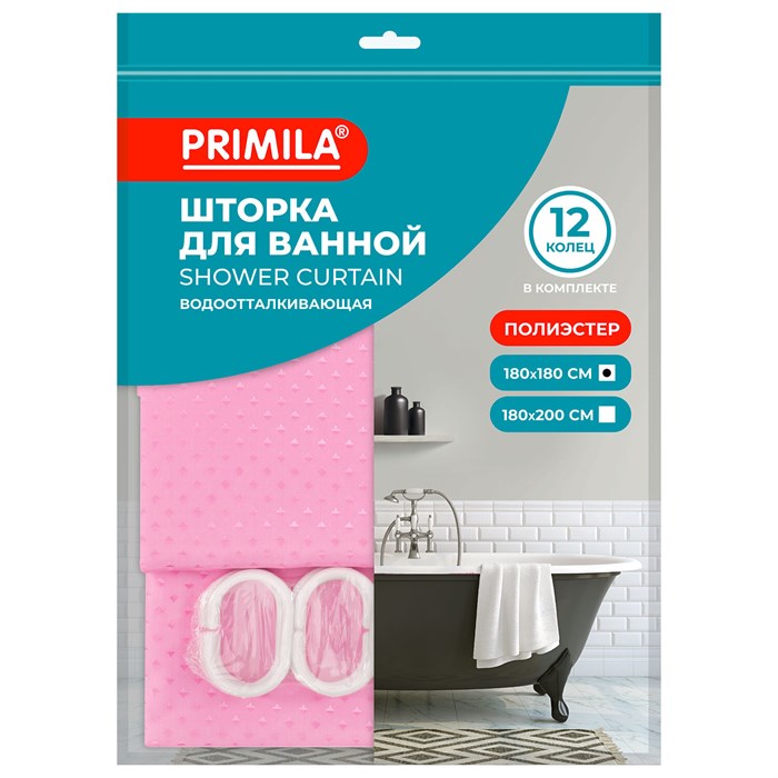 Шторка для ванной ПОЛИЭСТЕР, 180х180 см, кольца в комплекте, РОЗОВЫЙ БРИЛЛИАНТ, PRIMILA (ПРИМИЛА), 700092 700092