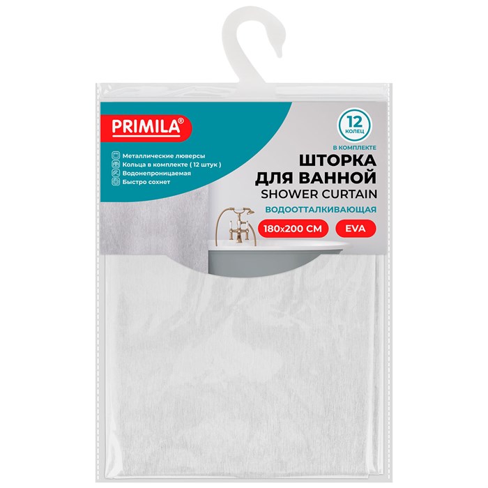 Шторка для ванной EVA, 180х200 см, кольца в комплекте, БЕЛЫЕ ЛИНИИ, PRIMILA (ПРИМИЛА), 700105 700105