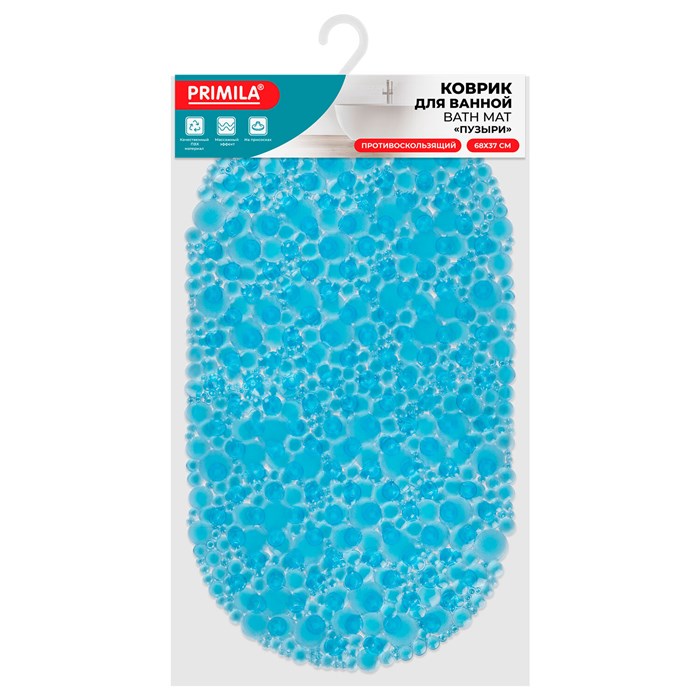 Коврик для ванны противоскользящий 68х37 см, "Пузыри", овальный, прозрачно-голубой, ПВХ, PRIMILA (ПРИМИЛА), 700381 700381