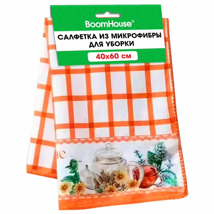 Салфетка из МИКРОФИБРЫ универсальная 40 х 60 см, оранжевая клетка, орнамент, 240г/м2, BOOMHOUSE, 700877 700877