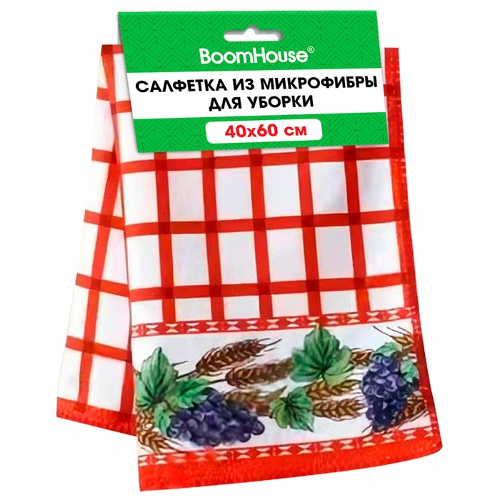 Салфетка из МИКРОФИБРЫ универсальная 40 х 60 см, красная клетка, орнамент, 240 г/м2, BOOMHOUSE, 700880 700880