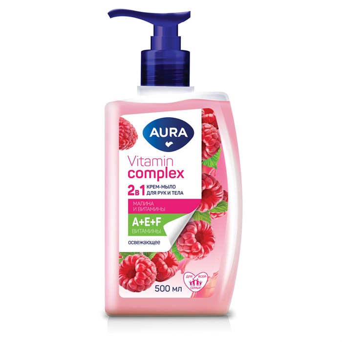 Мыло жидкое 2в1 для рук и тела 500 мл AURA Vitamin Complex "Малина и витамины", 13356 702049