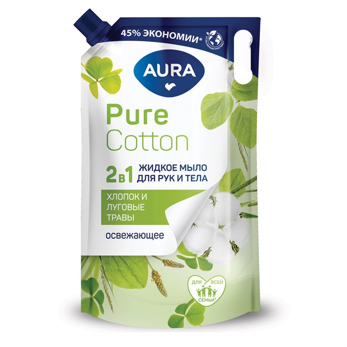 Мыло жидкое 2 в 1 для рук и тела 850 мл, AURA Pure Cotton "Хлопок и луговые травы", дой-пак, 12833 702050