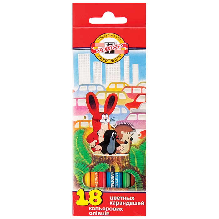Карандаши цветные KOH-I-NOOR "Крот", 18 цветов, шестигранные, грифель 3,2 мм, европодвес, 3653, 3653018046KS 812295