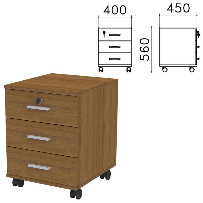Тумба подкатная Канц, 400х450х560 мм, 3 ящика, замок, цвет орех пирамидальный, ТК29.9 640059 - фото 40182