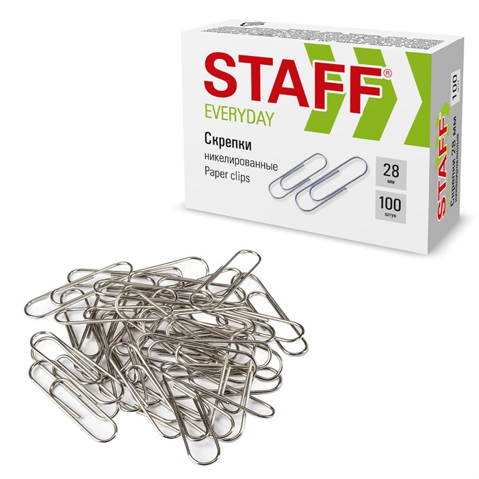 Скрепки STAFF EVERYDAY, 28 мм, никелированные, 100 шт., в картонной коробке, 226758 226758