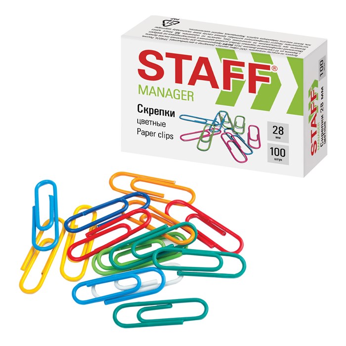 Скрепки STAFF Manager, 28 мм, цветные, 100 шт., в картонной коробке, 226821 226821
