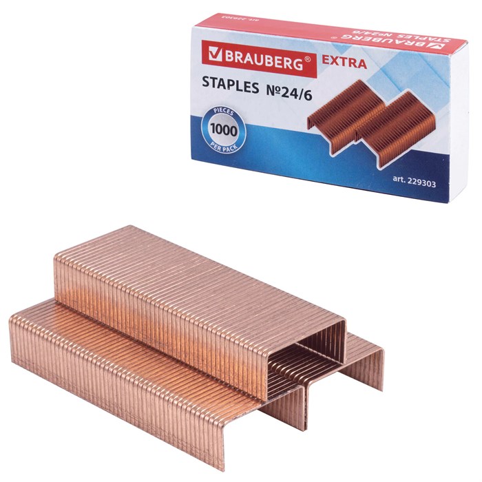 Скoбы для степлeра медное покрытие №24/6, 1000 штук, BRAUBERG EXTRA, до 30 листов, 229303 229303