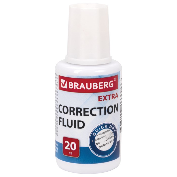 Корректирующая жидкость BRAUBERG EXTRA быстросохнущая, 20 мл, с кисточкой 229397
