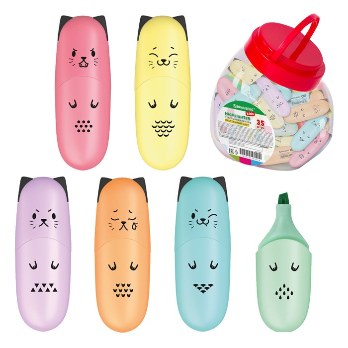 Текстовыделитель мини BRAUBERG KIDS CUTE CATS PASTEL, АССОРТИ В ПЛАСТИКОВОЙ БАНКЕ, линия 1-5 мм, 152434. 152434