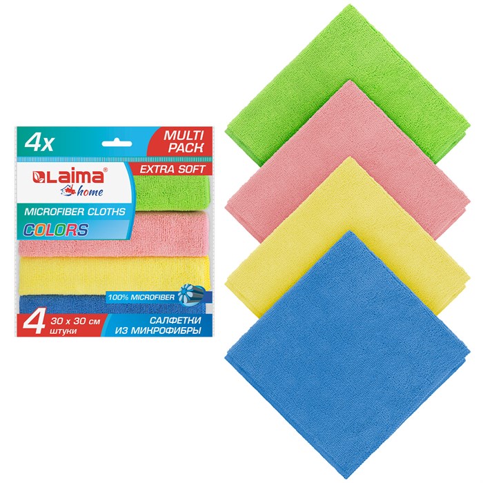Салфетка из МИКРОФИБРЫ универсальная 30х30 см, КОМПЛЕКТ 4 шт., MULTI PRO COLOUR, 280 г/м2, LAIMA, 607792 607792