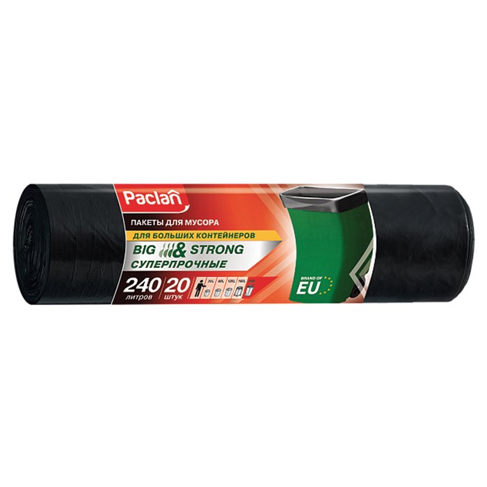 Мeшки для мусoра 240 л, черные, в рулоне 20 шт., ПВД, 35 мкм, 140х90 см, PACLAN Big&Strong 600823