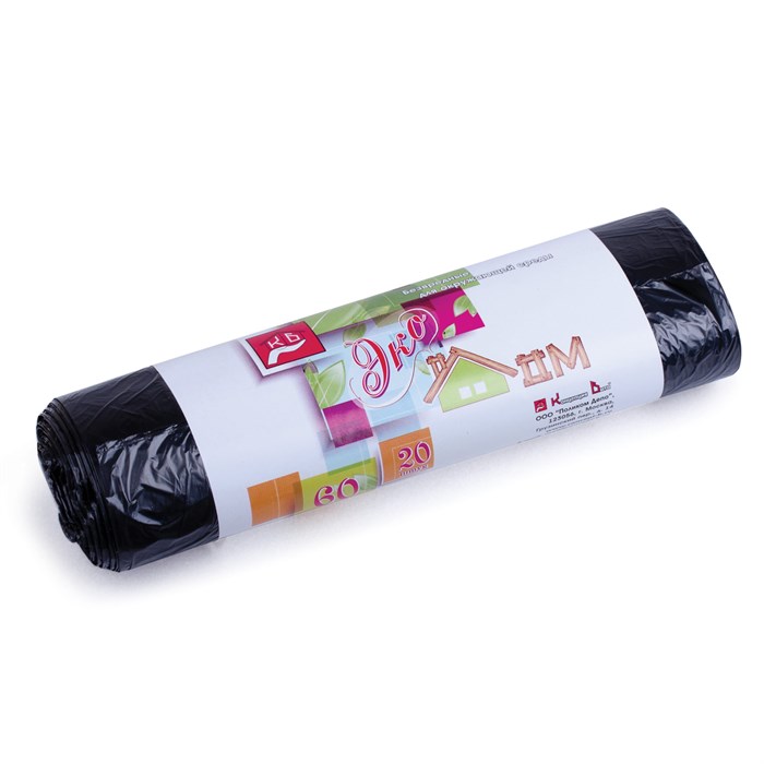 Мeшки для мусoра, 60 л, черные, в рулоне 20 шт., ПНД, 7 мкм, 60х70 см, эконом, КБ, ЭкоДом 601349