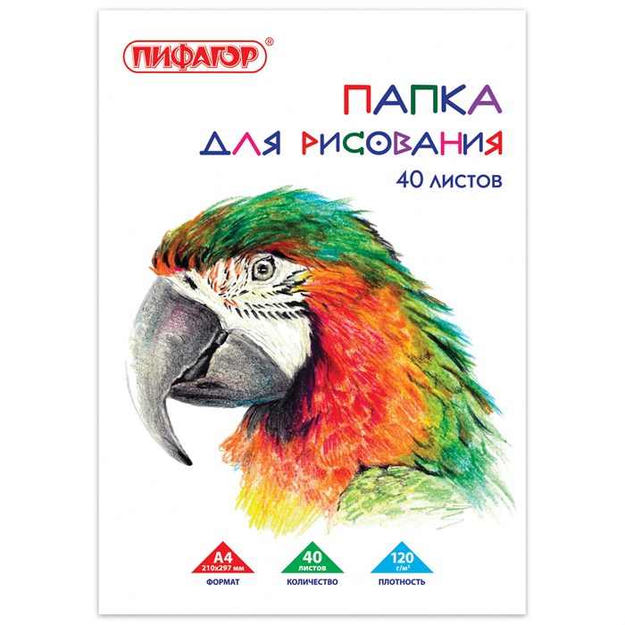 Папка для рисования, А4, 40 л., 120 г/м2, ПИФАГОР, 210х297 мм, Попугай, 129222 129222