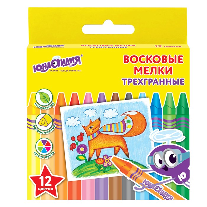 Восковые мелки трехгранные ЮНЛАНДИЯ ЮНЛАНДИК И МУДРЫЙ ЛИС, НАБОР 12 цветов, 227289 227289