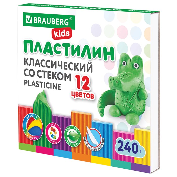 Пластилин классический BRAUBERG KIDS, 12 цветов, 240 г, стек, ВЫСШЕЕ КАЧЕСТВО, 106436 106436