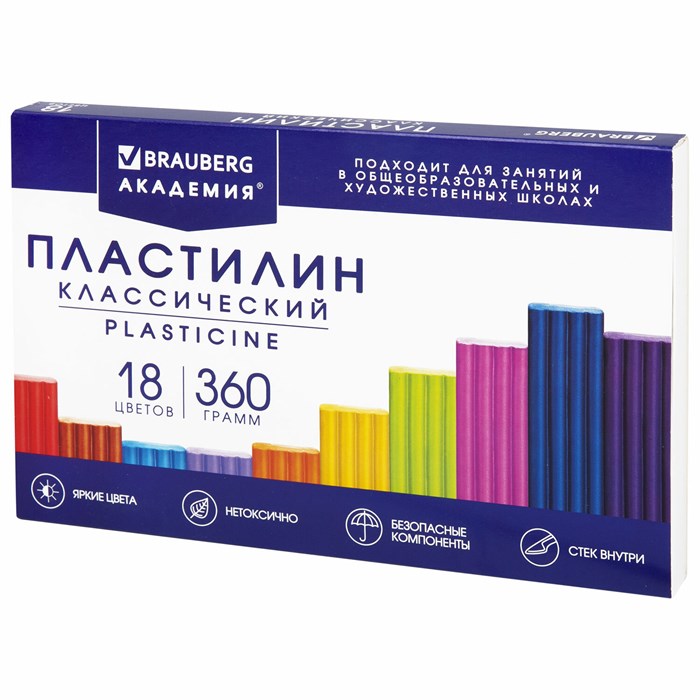 Пластилин классический BRAUBERG АКАДЕМИЯ КЛАССИЧЕСКАЯ, 18 цветов, 360 г, СО СТЕКОМ, 106509 106509