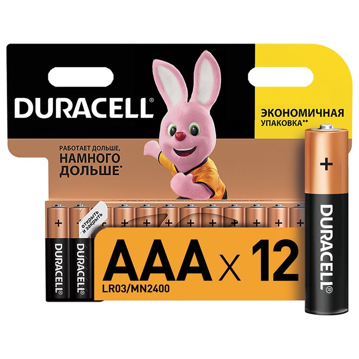 Батарейки КОМПЛЕКТ 12 шт., DURACELL Basic ОРИГИНАЛ, AAA (LR03, 24А), алкалиновые, мизинчиковые 451362