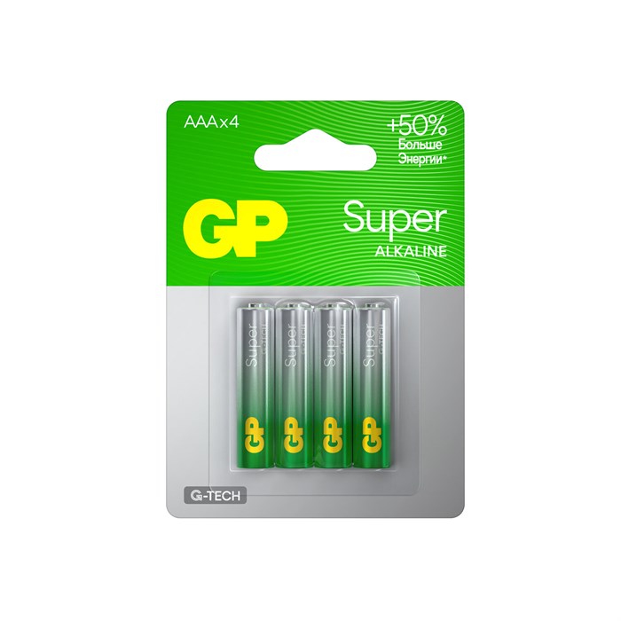 Батарейки КОМПЛЕКТ 4 шт., GP Super, AAA (LR03, 24А), алкалиновые, мизинчиковые, блистер, 24A-2CR4 450436