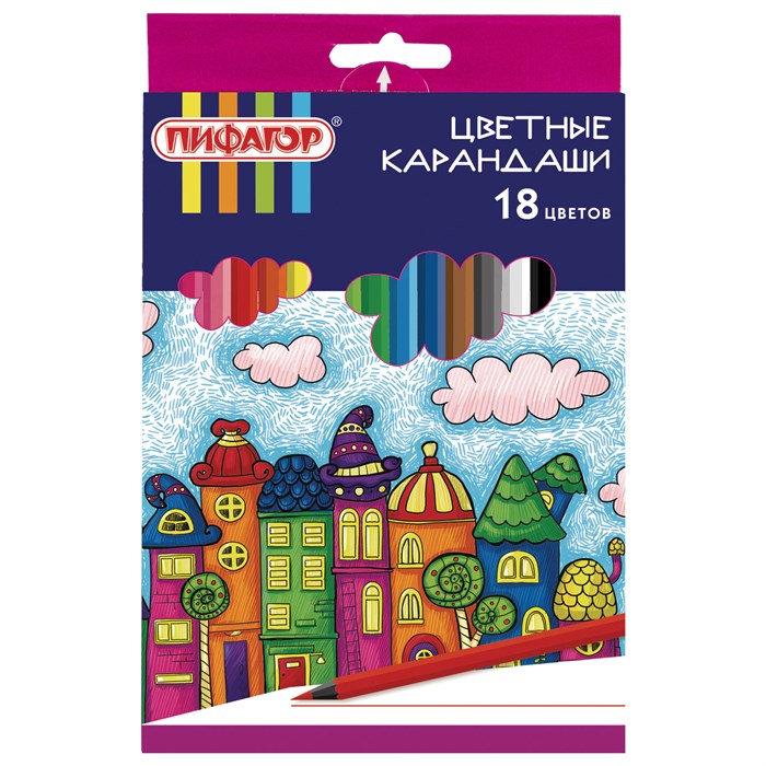 Карандаши цветные ПИФАГОР "СКАЗОЧНЫЙ ГОРОД", 18 цветов, шестигранные, 181584 181584