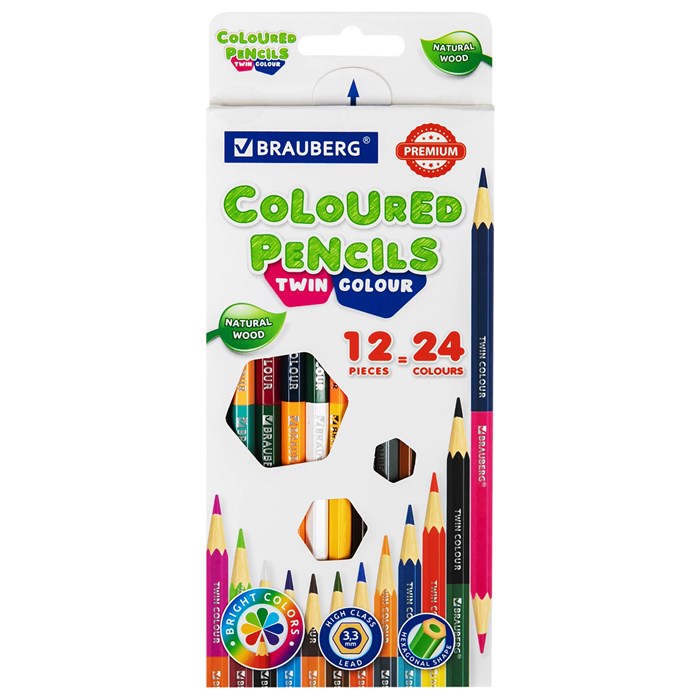Карандаши цветные двусторонние BRAUBERG PREMIUM TWIN COLOUR, 12 штук, 24 цвета, шестигранные, грифель 3,3 мм, натуральное дерево, 181874 181874
