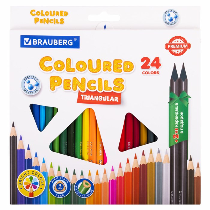 Карандаши цветные BRAUBERG PREMIUM 24 цвета + 2 чернографитных карандаша, трехгранные, грифель 3 мм, 181937 181937