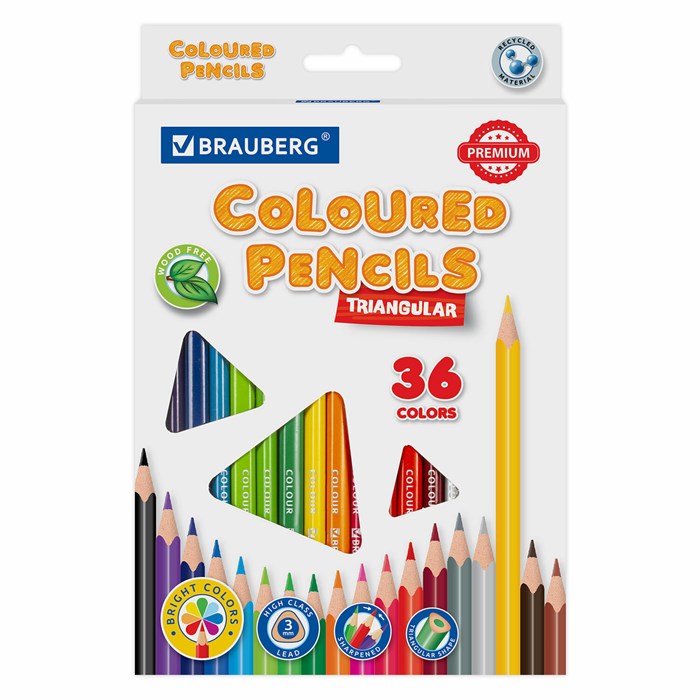 Карандаши цветные BRAUBERG PREMIUM, 36 цветов, трехгранные, грифель 3 мм, 181664 181664