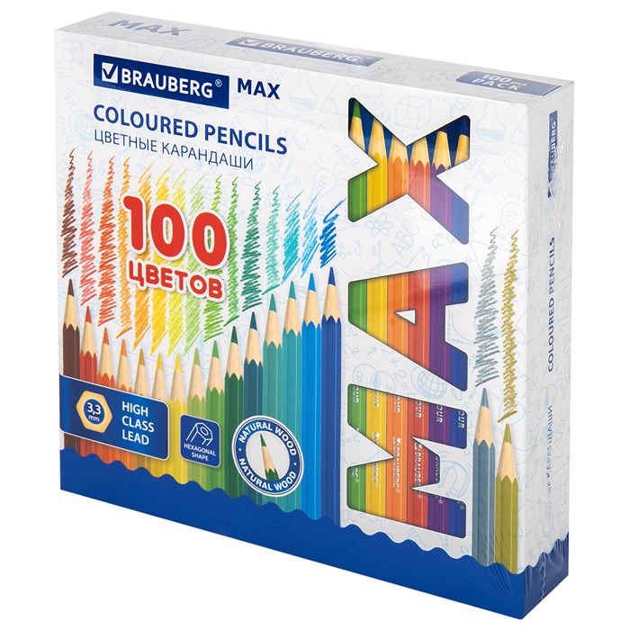 Карандаши цветные супермягкие яркие BRAUBERG MAX, 100 цветов, шестигранные, грифель 3,3 мм, натуральное дерево, 181862 181862