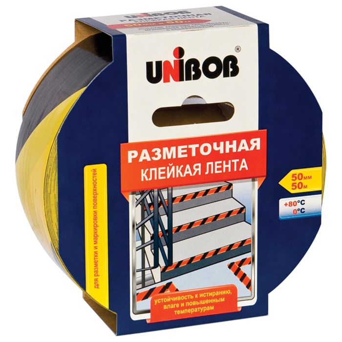 Клейкая лента разметочная 50 мм х 50 м, желто-черная, UNIBOB, основа-ПВХ, европодвес, 48905 604162