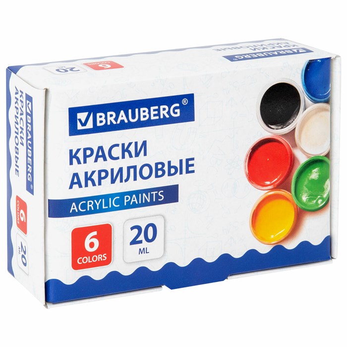 Краски акриловые для рисования и творчества 6 цветов по 20 мл, BRAUBERG, 192562 192562
