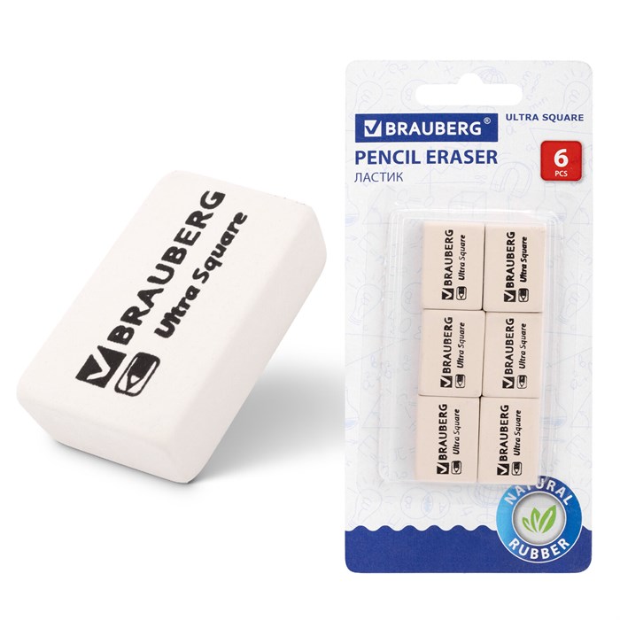 Ластики BRAUBERG "Ultra Square" 6 шт., размер ластика 29х18х8 мм, белые, натуральный каучук, 229603 229603
