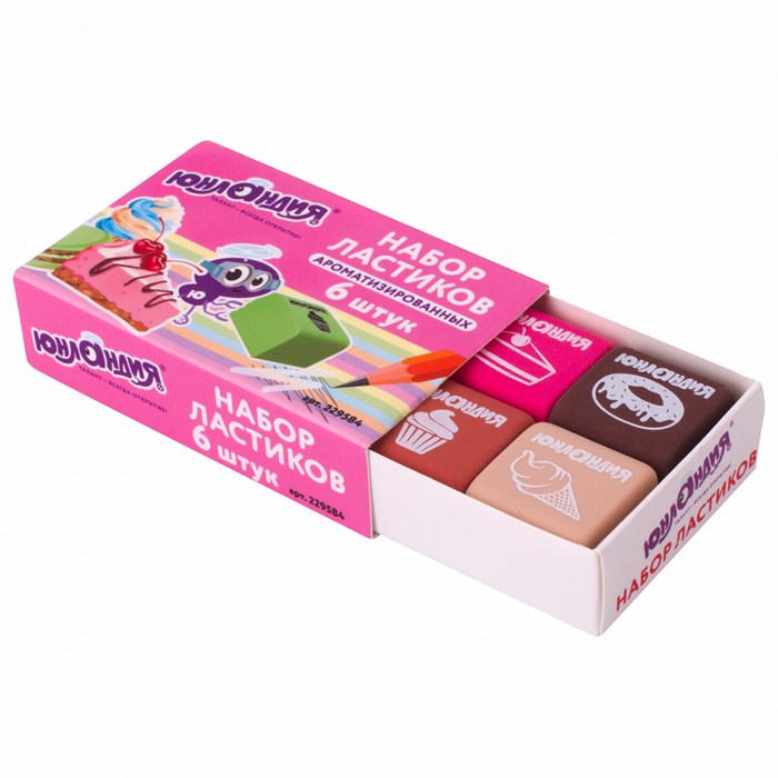 Набор ластиков ЮНЛАНДИЯ "СЛАДКИЕ ИСТОРИИ" 6 шт., размер 21х21х16 мм, ароматизированные, 229584, 229584