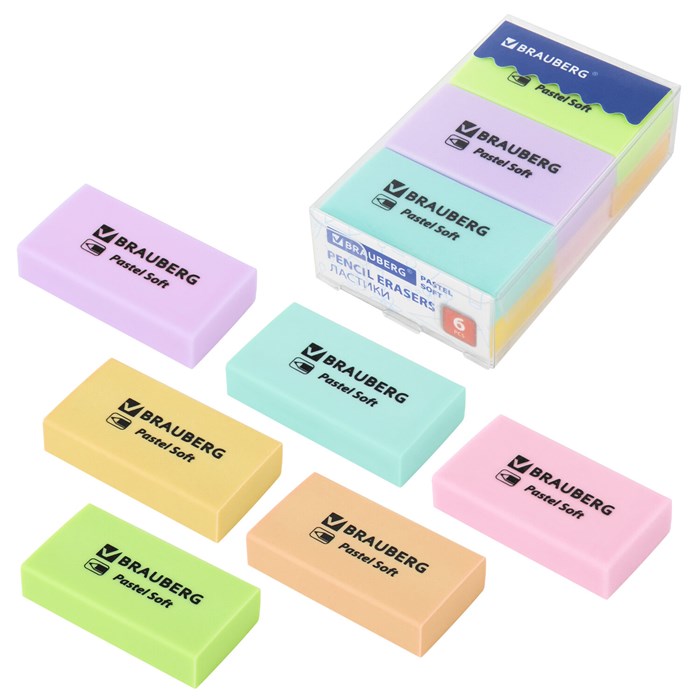 Ластики BRAUBERG PASTEL SOFT НАБОР 6 шт., размер ластика 45х25х10 мм, экологичный ПВХ, 271340 271340