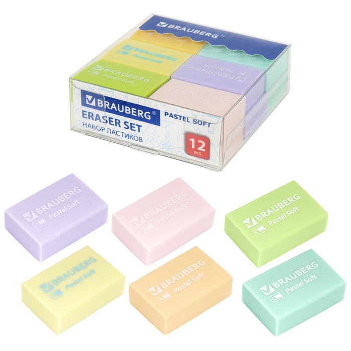 Ластики BRAUBERG "Pastel Soft" НАБОР 12 шт., размер ластика 31х20х10 мм, экологичный ПВХ, 229598 229598