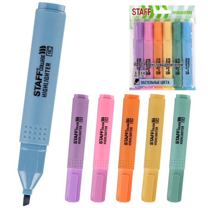 Набор текстовыделителей 6 ПАСТЕЛЬНЫХ ЦВЕТОВ, АССОРТИ, STAFF College "STICK PASTEL", линия письма 1-4 мм, скошенный наконечник, 152532 152532