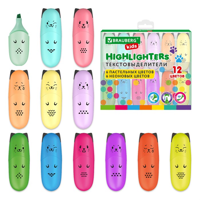 Набор текстовыделителей мини 12 ЦВЕТОВ BRAUBERG KIDS "CUTE CATS", линия 1-5 мм, 152437 152437