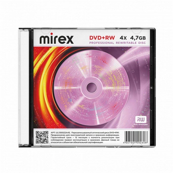Диск DVD+RW (плюс) MIREX, 4,7 Гб, 4x, Slim Case, 1 штука, UL130022A4S 514006