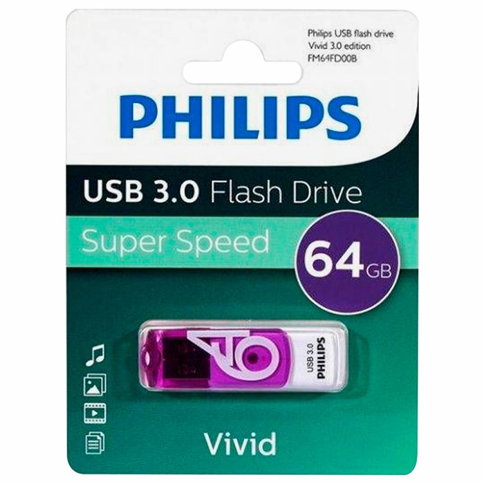 Флеш-диск 64 GB PHILIPS VIVID, разъем USB 3.0, фиолетовый, FM64FD00B/97 514096