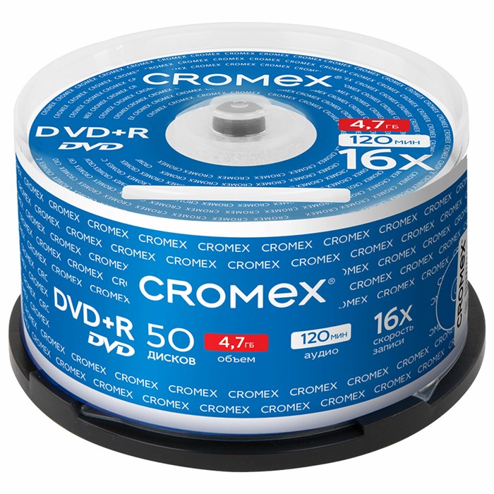 Диски DVD+R (плюс) CROMEX, 4,7 Gb, 16x, Cake Box (упаковка на шпиле), КОМПЛЕКТ 50 шт., 513775 513775