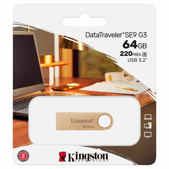 Флеш-диск 64 GB, KINGSTON DataTraveler SE9 G3 USB 3.2, металлический корпус, золотой, DTSE9G3/64GB 514073