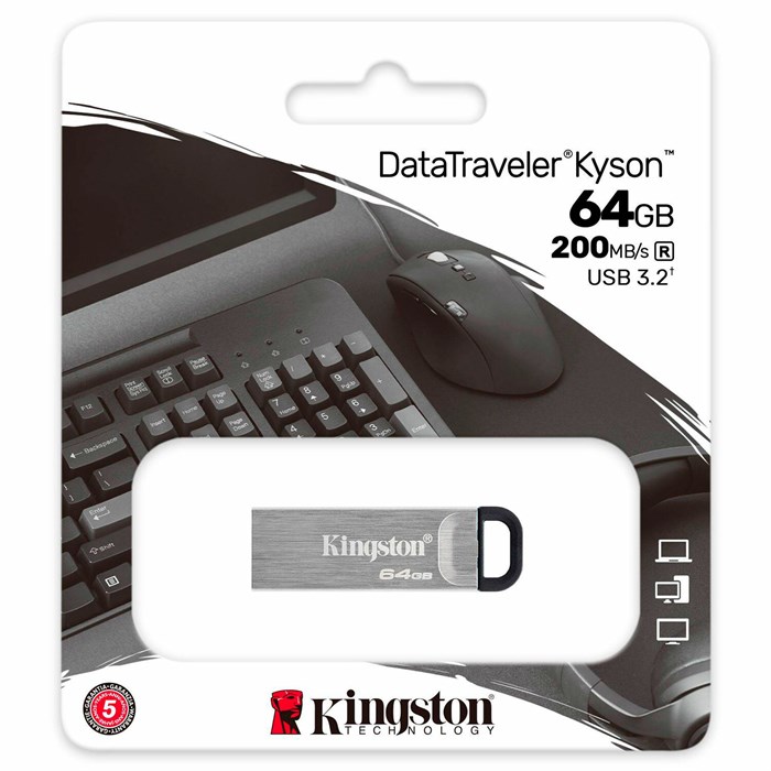 Флеш-диск 64 GB KINGSTON DataTraveler Kyson, разъем USB 3.2, серебряный, DTKN/64GB 514062