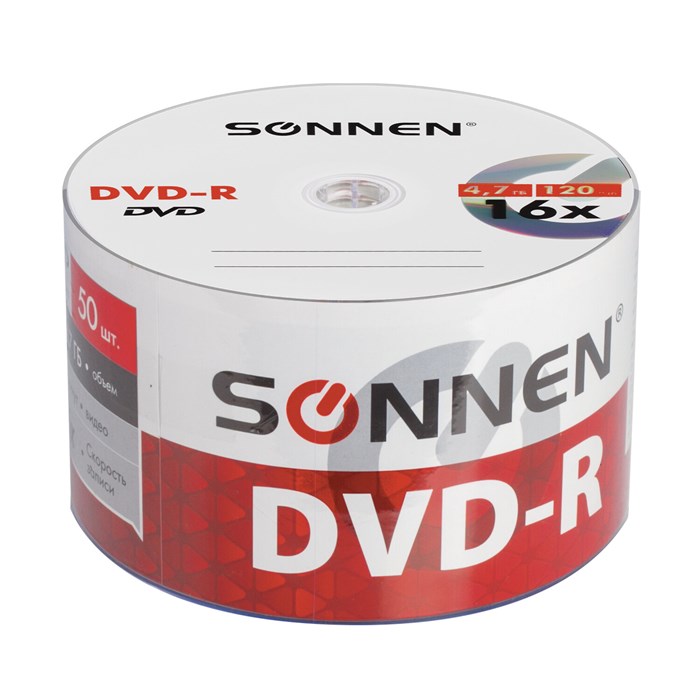 Диски DVD-R SONNEN 4,7 Gb 16x Bulk (термоусадка без шпиля), КОМПЛЕКТ 50 шт., 512574 512574