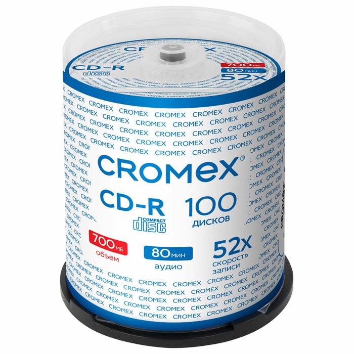 Диски CD-R CROMEX, 700 Mb, 52x, Cake Box (упаковка на шпиле), КОМПЛЕКТ 100 шт., 513778 513778