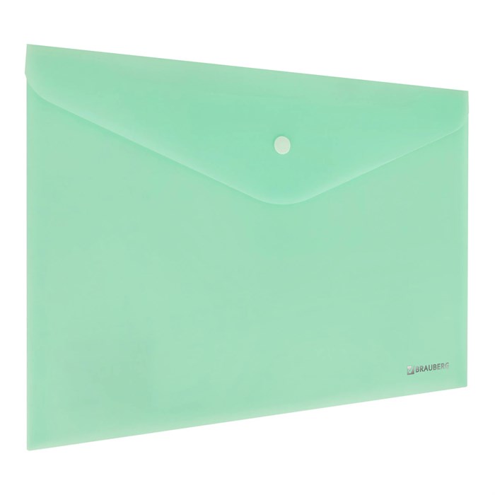 Папка-конверт с кнопкой BRAUBERG "Pastel", А4, матовая непрозрачная, мятная, ПРОЧНАЯ 0,2 мм, 272883 272883