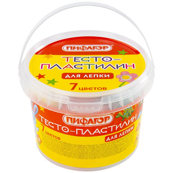 Пластилин на растительной основе (тесто для лепки) ПИФАГОР, 7 цветов, 420 г, пластиковое ведро, 104545 104545