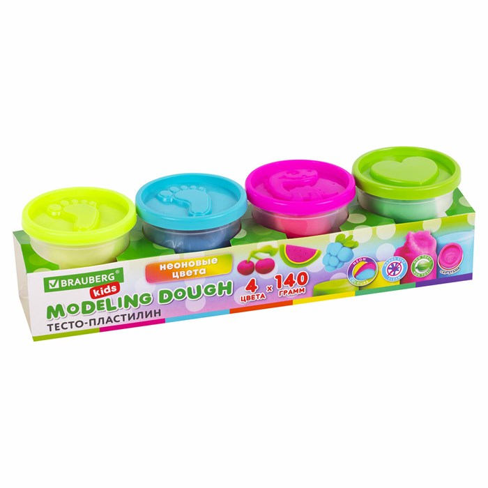 Пластилин-тесто для лепки BRAUBERG KIDS, 4 цвета, 560 г, яркие неоновые цвета, крышки-штампики, 106716 106716