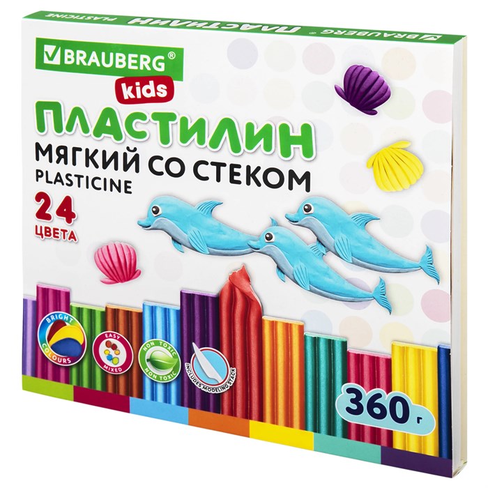 Пластилин мягкий восковой BRAUBERG KIDS, 24 цвета, 360 г, со стеком, 106498 106498