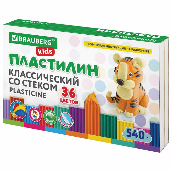 Пластилин классический BRAUBERG KIDS, 36 цветов, 540 грамм, стек, ВЫСШЕЕ КАЧЕСТВО, 106678 106678