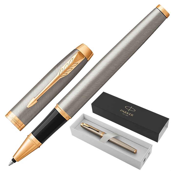 Ручка-роллер PARKER "IM Core Brushed Metal GT", серебристый матовый лак, позолота, черная, 1931663 142541